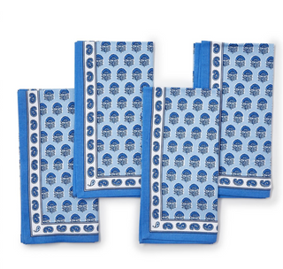 Chinoiserie Blue Block Print Set of 4 Cloth Napkins - Cotton