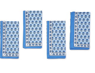 Chinoiserie Blue Block Print Set of 4 Cloth Napkins - Cotton