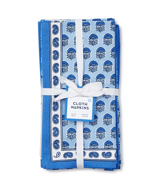 Chinoiserie Blue Block Print Set of 4 Cloth Napkins - Cotton