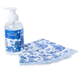 Blue Willow Crisp Linen Scented Foaming Soap with 20 Pc Guest Towels Set - 16.9 oz./500ml Soap/Paper