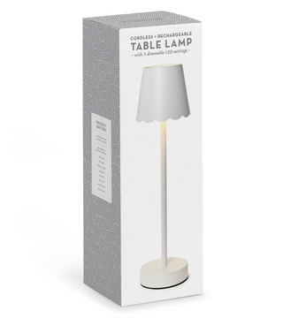 White LED Cordless Table Lamp with Scalloped Edge Shade in Gift Box (4000 mAh rechargeable battery, USB cable included, 3 color stepless dimming, LED settings: warm white, cool white, daylight) - Iron