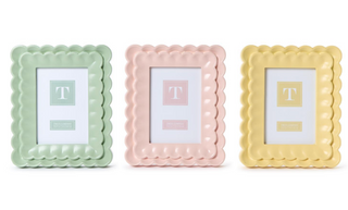 Scalloped Wood Frame 5" x 7" Assorted 3 Colors: Pink, Yellow, Green (stands horizontally/vertically) - MDF/Glass