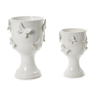 Butterfly Pedestal Cachepots with Sculpted Butterflies - Ceramic