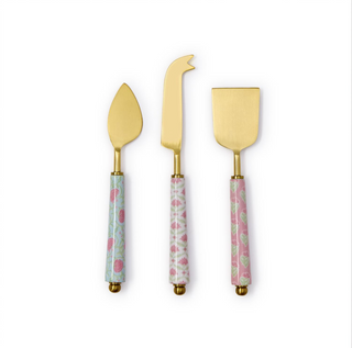 Floral Block Print Set of 3 Cheese Knives in Gift Box