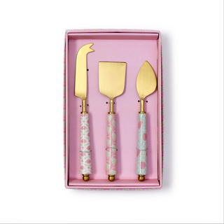 Floral Block Print Set of 3 Cheese Knives in Gift Box