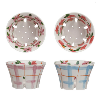 Hand-Painted Stoneware Berry Bowl w/ Plaid & Floral Pattern, 2 Styles