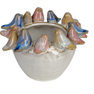 Stoneware Planter w/ Birds on Rim (Holds 4" Pot)
