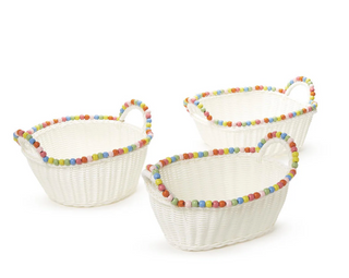 Hand-Woven Faux Wicker Basket with Multi-Color Wood Beads Trim