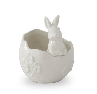 6 Inch White Ceramic Flower Embossed Egg Container w/Easter Bunny