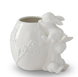 7 Inch White Ceramic Flower Embossed Egg Container w/2 Easter Bunnies