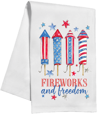 HANDPAINTED PATRIOTIC ROCKETS FIREWORKS AND FREEDOM KITCHEN TOWEL