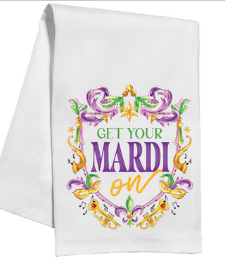 HANDPAINTED GET YOUR MARDI ON CREST KITCHEN TOWEL