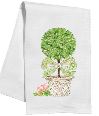 HANDPAINTED GARDEN PARTY TOPIARY WITH GREEN & CORAL BOW KITCHEN TOWEL