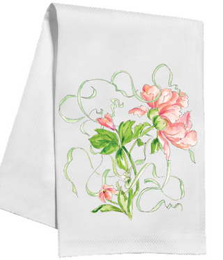 HANDPAINTED GARDEN PARTY CORAL FLOWER KITCHEN TOWEL