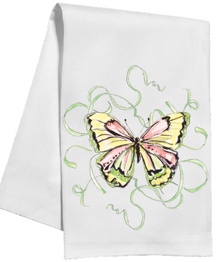 HANDPAINTED GARDEN PARTY GREEN & CORAL BUTTERFLY KITCHEN TOWEL