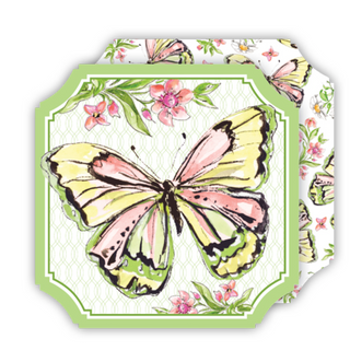 HANDPAINTED GREEN & CORAL BUTTERFLY TICKET COASTER