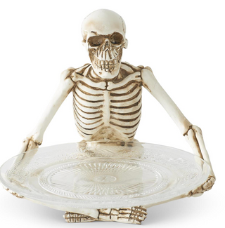 10 Inch Resin Sitting Skeleton Holding Glass Plate