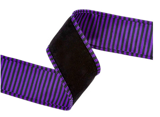 2 1/2" Black Velor Wired Ribbon w/ Purple/Black Striped Piping and Backing