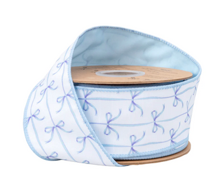 2 1/2" Wired Blue Bows on White w/ Blue Backing Dupioni Ribbon