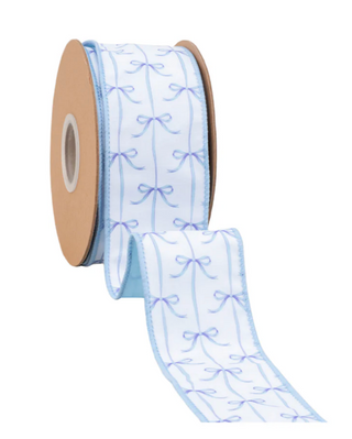 2 1/2" Wired Blue Bows on White w/ Blue Backing Dupioni Ribbon