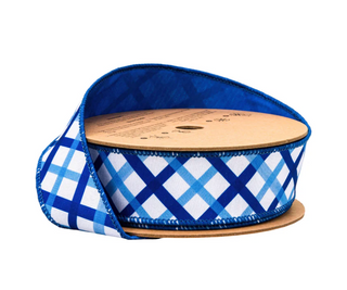 1 1/2" Wired Blue and White Decorative Stripe w/ Blue Backing Dupioni Ribbon