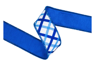 1 1/2" Wired Blue and White Decorative Stripe w/ Blue Backing Dupioni Ribbon