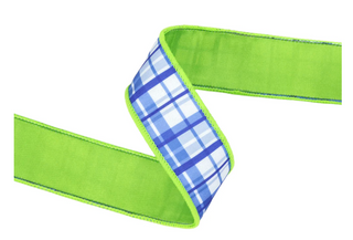 1 1/2" Wired Blue and White Plaid w/ Lime Green Backing Dupioni Ribbon