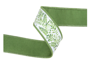 1 1/2" Wired Ferns on White w/ Green Backing Dupioni Ribbon