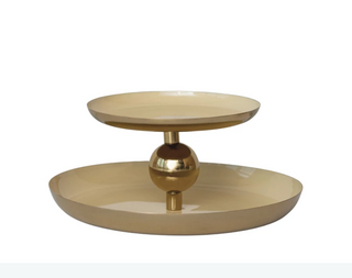 Enameled Metal 2-Tier Tray, Yellow & Gold Finish