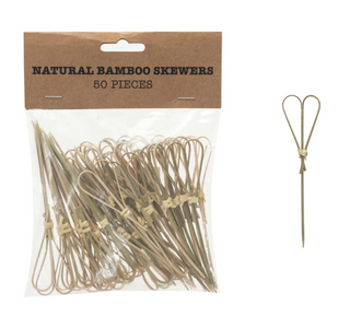 Bamboo Single Use Skewers w/ Heart Shaped Handles, Set of 50
