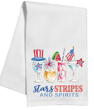 HANDPAINTED PATRIOTIC ROCKETS FIREWORKS AND FREEDOM KITCHEN TOWEL