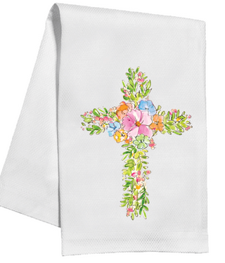 HANDPAINTED SPRING FLORAL CROSS KITCHEN TOWEL