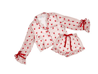 Cropped PJ Set + Velvet Ties - Pink/Red Hearts