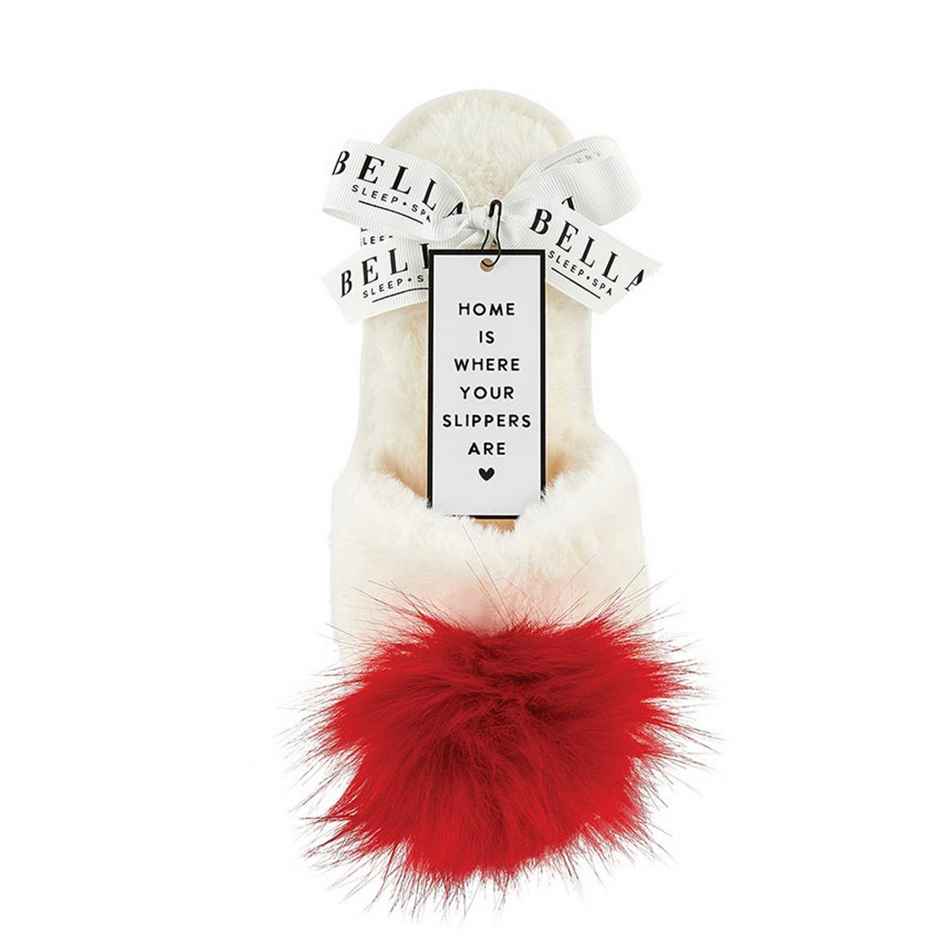 Plush Slippers - Ivory with Black Pom Pom