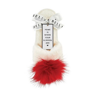 Plush Slippers Ivory with Red Pom Pom