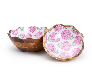 Pink Hydrangea Hand-Crafted Scalloped Edge Wood Bowl