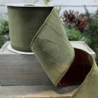 Moss Green Cotton Velvet with Plaid Back Ribbon