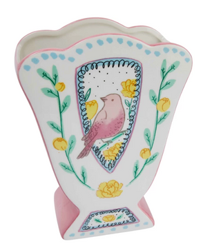 Ceramic Fan Shaped Vase w/ Scalloped Edge & Birds, Multi Color