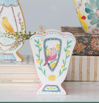 Ceramic Fan Shaped Vase w/ Scalloped Edge & Birds, Multi Color