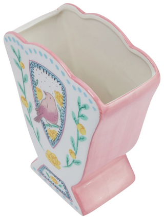 Ceramic Fan Shaped Vase w/ Scalloped Edge & Birds, Multi Color
