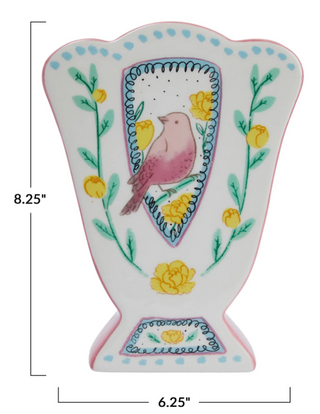Ceramic Fan Shaped Vase w/ Scalloped Edge & Birds, Multi Color