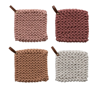 Cotton Crocheted Pot Holder w/ Leather Loop