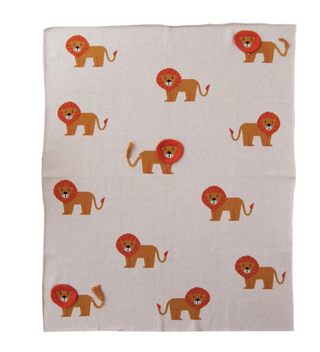 Cotton Knit Baby Blanket w/ Lions & Applique Manes