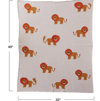 Cotton Knit Baby Blanket w/ Lions & Applique Manes