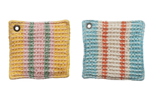 Woven Cotton Waffle Weave Pot Holder w/ Stripes & Metal Grommet