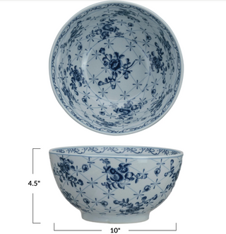 Porcelain Bowl w/ Botanicals, Crackle Glaze