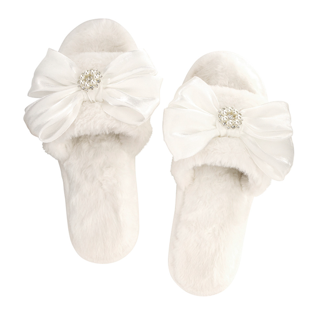 Plush Slippers - Ivory with Black Pom Pom