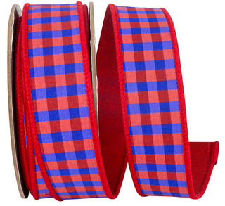 RED AND BLUE CHECK DELUXE RED DUPIONI BACKED WIRED EDGE