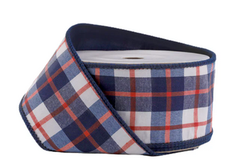 2 1/2" Wired Dupioni Ribbon | Red/White/Blue Plaid | 10 Yard Roll