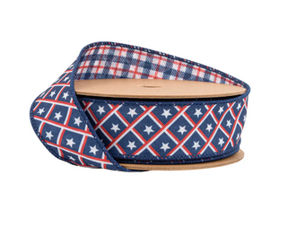 1 1/2" Wired Ribbon | Patriotic Diamond Stars/Plaid | 10 Yard Roll